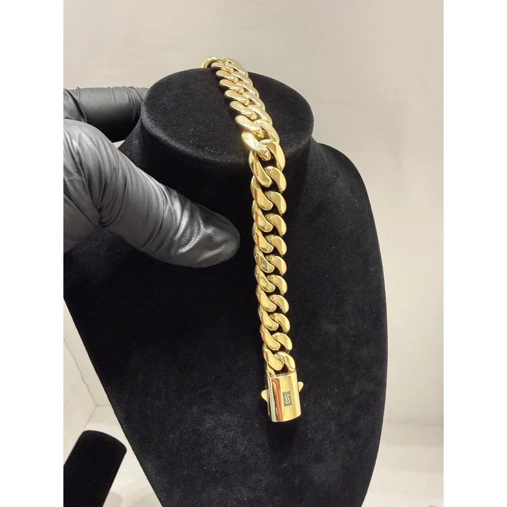 cuban bracelet 14k gold plated over stainless 8inch 14mm water resist lock clasp